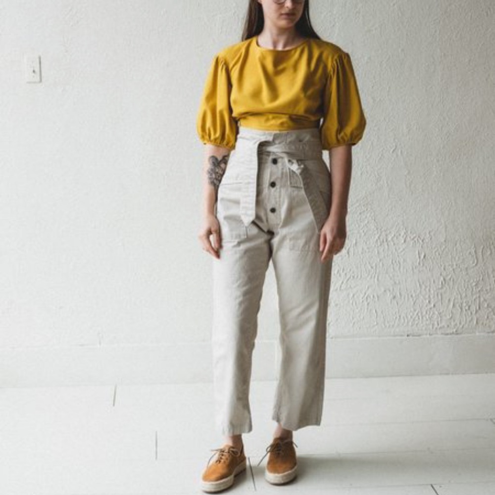 High-Waist Paperbag Cotton Pants - Cream